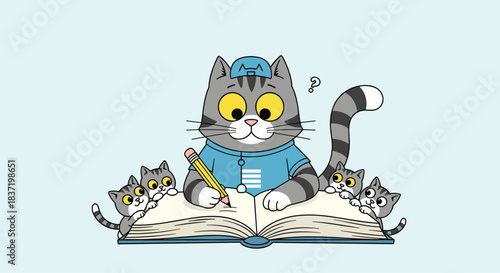 A cute cartoon father cat wearing a baseball cap looks puzzled while writing in a book, surrounded by his four adorable and attentive kittens.
