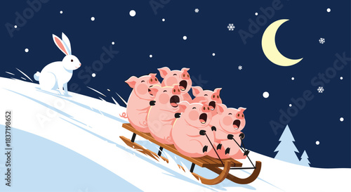 A whimsical winter night scene with a group of happy pigs singing as they slide down a snowy hill on a sled, while a white rabbit watches.