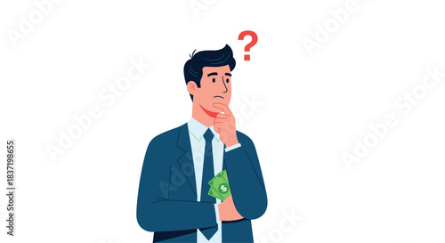 A pensive cartoon businessman in a suit holds money in his pocket while looking up at a question mark, illustrating financial confusion or decision-making.