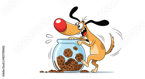 A funny cartoon dog with a big red nose excitedly caught in the act of sneaking chocolate chip cookies from a clear glass jar.