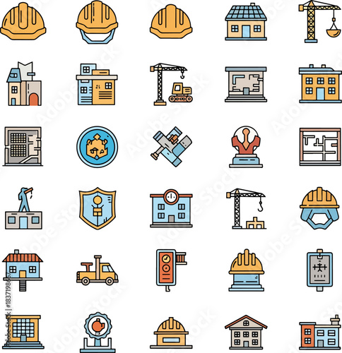 Collection of construction and architecture icons, featuring buildings, cranes, hard hats, and blueprints for industry and design
