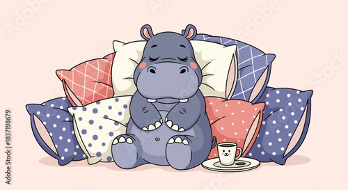 An adorable cartoon hippopotamus sleeping peacefully while sitting upright in a large, cozy pile of colorful patterned pillows with a cup of coffee nearby.