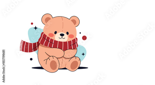 An adorable sitting teddy bear wearing a cozy red and white striped winter scarf, with cute blush cheeks and decorative sparkles in the background.