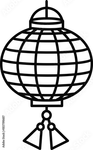 Ornate Round Chinese Paper Lantern with Detailed Horizontal Ribbing and Decorative Tassel, Traditional Asian Holiday or Festival Outline Illustration.