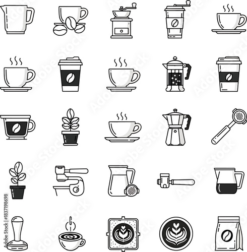 Collection of Coffee Shop and Cafe Icons Featuring Coffee Cups, Grinders, Brewers, and Latte Art Elements