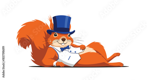 A confident and dapper cartoon squirrel wearing a blue top hat, white tuxedo vest, and a blue bow tie, reclining in a relaxed and charming pose.
