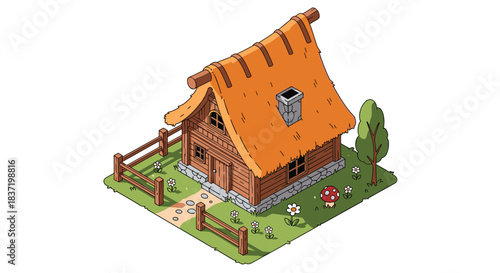 Cozy isometric wooden cottage with a thatched roof and a small fenced yard sits peacefully in a grassy field with flowers.