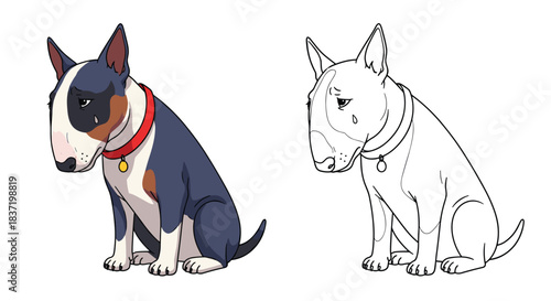 Sad Bull Terrier puppy shown in both a full-color version and a black-and-white line art outline for a coloring book page.