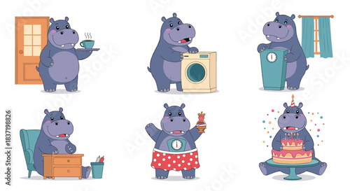 Character set of a cute purple hippopotamus engaged in various daily life activities like working, celebrating, and doing chores.