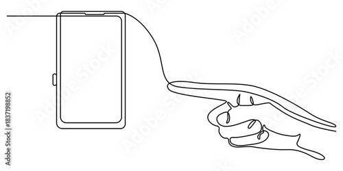Drawing of a hand holding a smartphone vertically, in one line art style. Illustration with editable stroke on a white background. Vector illustration.