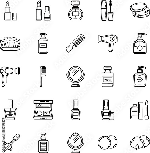 Collection of beauty and cosmetic flat line icons, representing makeup tools, skincare products, and personal grooming accessories