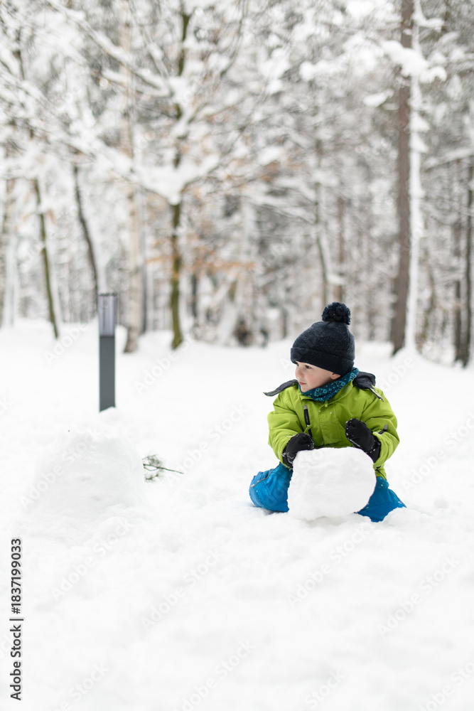 Fototapeta premium Young Boy Enjoying Himself While Playing in Snow