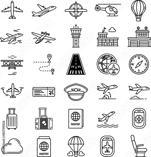 Collection of Airplane Icons and Aviation Symbols with Airport and Travel Elements, illustrating Air Transport and Flight