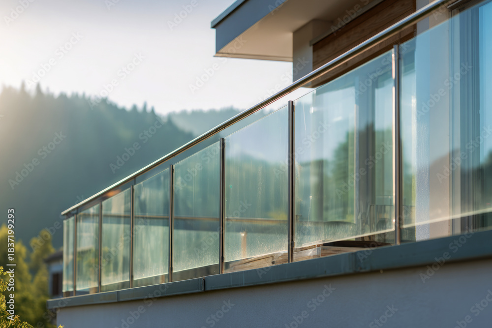 Fototapeta premium This modern house features a transparent glass terrace railing that provides a clear view. The open space allows natural light to fill the area and enhance the simple design