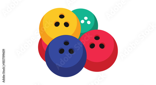 Group of four colorful bowling balls in blue yellow red and green stacked together ready for a game at the alley.