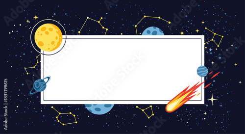 Space-themed decorative frame with planets stars constellations a comet and the moon on a dark starry night background.