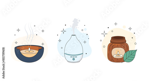 Set of three aromatherapy and relaxation items including a scented candle an essential oil diffuser and a candle in a jar.