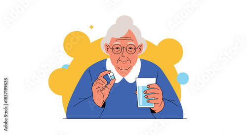 Elderly woman with glasses holding a pill in one hand and a glass of water in the other preparing to take her medicine.