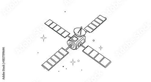 Hand-drawn black and white sketch of a communications satellite with solar panels floating in space among twinkling stars.