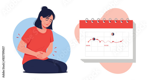 An illustration of a woman experiencing menstrual pain and tracking her cycle on a calendar for women's health awareness.