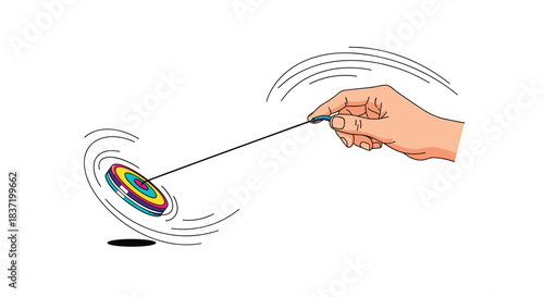 Human hand launching a colorful spinning top toy onto a surface creating circular motion lines for a classic kids game.