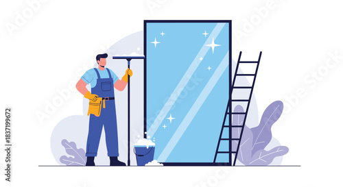 Professional cleaning service worker in uniform washing a large glass window with a squeegee and other cleaning supplies.