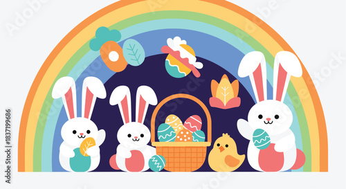 Happy Easter celebration scene with cute white bunnies a little chick a basket of decorated eggs and a colorful rainbow.