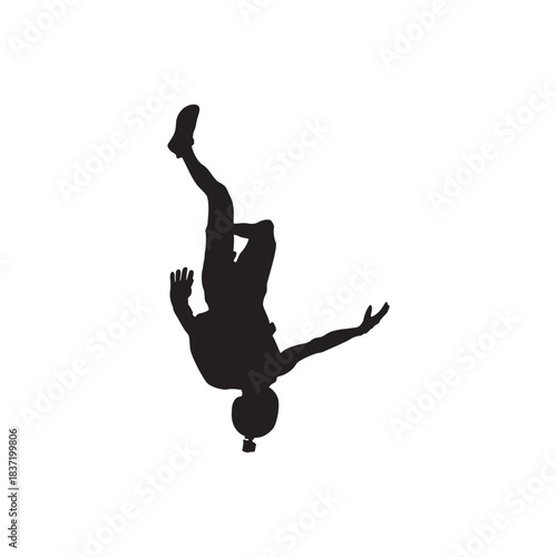 Freefall jumper silhouette. Head first aerial silhouette showing inverted freefall. ideal for stunt, extreme sport and action graphics. High res vector.