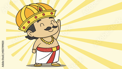 Cartoon king character with golden crown, red sash, and celebratory pose on radiant yellow background. Royalty and cultural pride theme, isolated illustration.