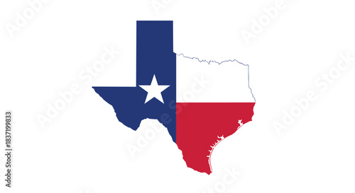 A map silhouette of the state of Texas filled with the design of the iconic Lone Star Flag on a white background.