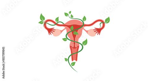 A conceptual illustration of the female reproductive system with a green plant vine symbolizing natural health and fertility.