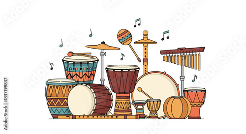 A vibrant collection of ethnic percussion instruments including djembe drums maracas and chimes for world music concepts.