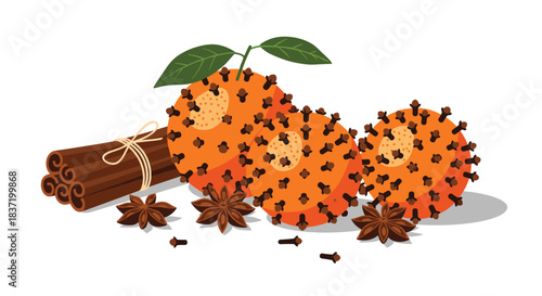 Aromatic Christmas pomanders made from fresh oranges studded with cloves alongside cinnamon sticks and star anise spices.