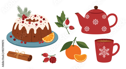 A festive collection of traditional Christmas food and drinks including plum pudding hot tea winter spices and fruits.