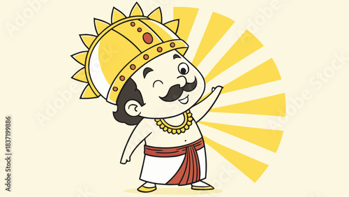 Cartoon illustration of a smiling royal figure in traditional attire with golden crown, radiating festive energy.