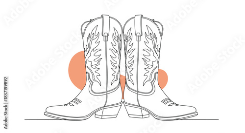 A pair of classic cowboy boots drawn in a minimalist continuous one-line art style against abstract orange circles.
