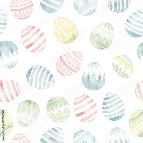 Repeating watercolor pattern of stylized Easter eggs with various painted designs like stripes, waves, and dots in light, muted pastel colors on white