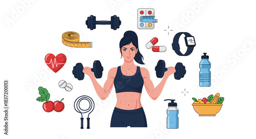 A fit woman lifting dumbbells surrounded by icons representing a healthy lifestyle including diet exercise and supplements.