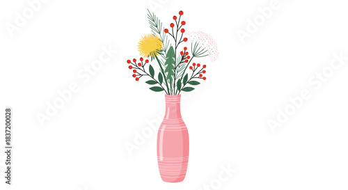 A simple and elegant pink vase holding a beautiful bouquet of wildflowers and berries isolated on a white background.