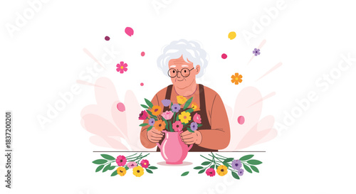 A happy elderly woman with glasses arranging a colorful bouquet of flowers in a pink vase as a creative hobby.