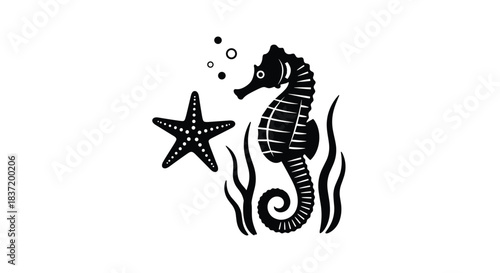 A black and white silhouette of a seahorse next to a starfish and seaweed on a clean white background design.