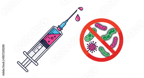 A medical syringe with a vaccine next to a stop sign over germs and bacteria symbolizing immunization and prevention.