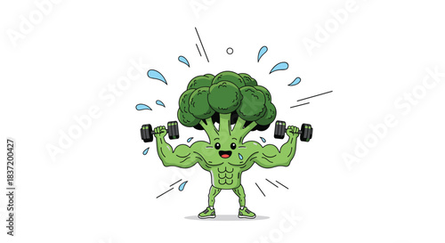 A funny and muscular broccoli cartoon character lifting dumbbells and sweating to promote healthy eating and fitness.