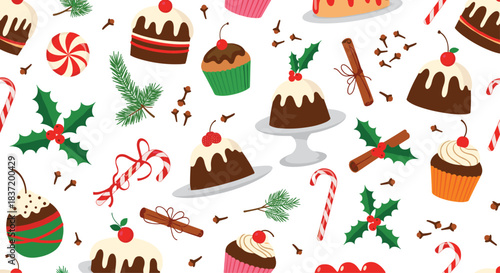 A festive seamless Christmas pattern with holiday sweets like pudding cupcakes candy canes and spices on a white background.