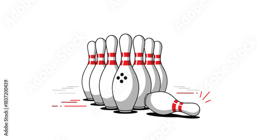 A set of white and red bowling pins with one pin knocked over representing a strike or a hit in the game.