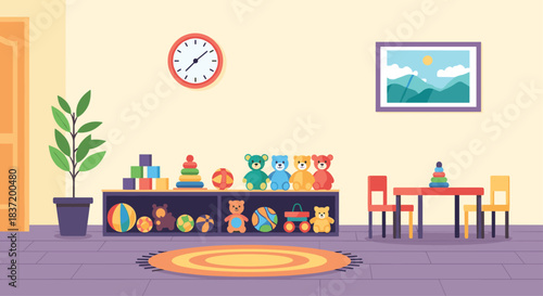 A bright and cheerful kindergarten or daycare playroom with shelves full of toys a small table and chairs for children.