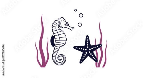 A simple and artistic drawing of a seahorse and a starfish among purple seaweed and bubbles in an underwater scene.