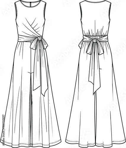 Elegant Sleeveless Wrap-Front Jumpsuit or Maxi Dress with Waist Tie Technical Fashion Flat Drawing Vector Illustration for Apparel Design and Production CAD Template