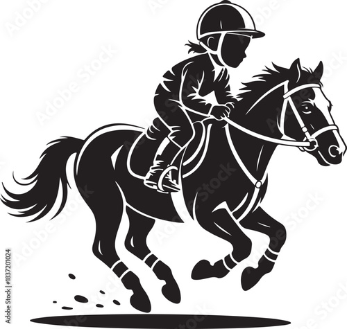 Child rider on a galloping horse in a silhouette style