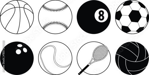 Set of black and white sports balls vector illustration including basketball, soccer, tennis, baseball, volleyball, bowling, and billiard design